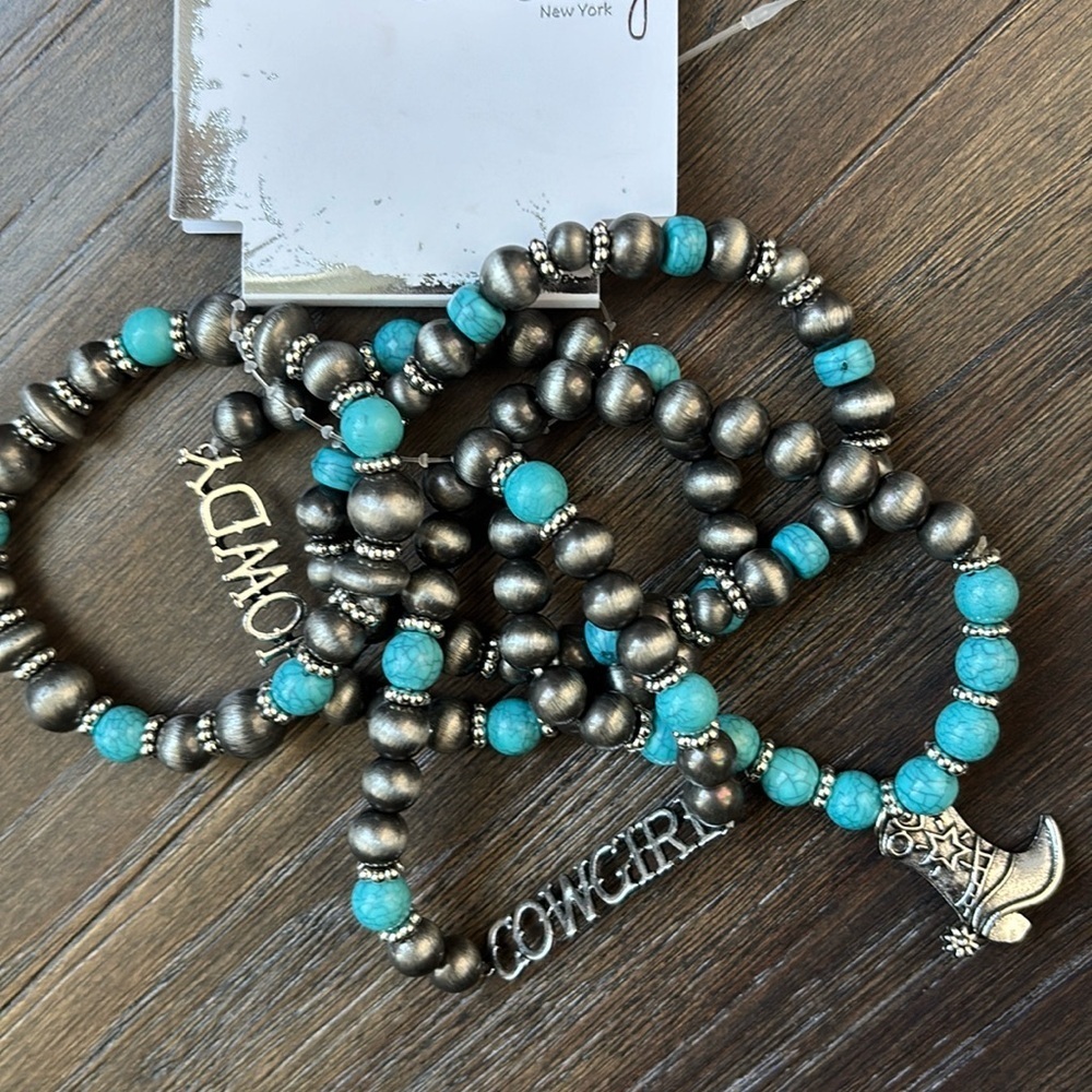 By The Bay NY 5 row stretch bracelet w/howdy/cowgirl & boot charms, turquoise